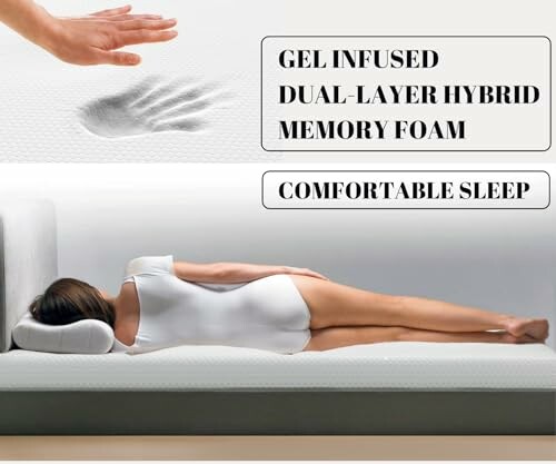 Woman lying on gel infused hybrid memory foam mattress.