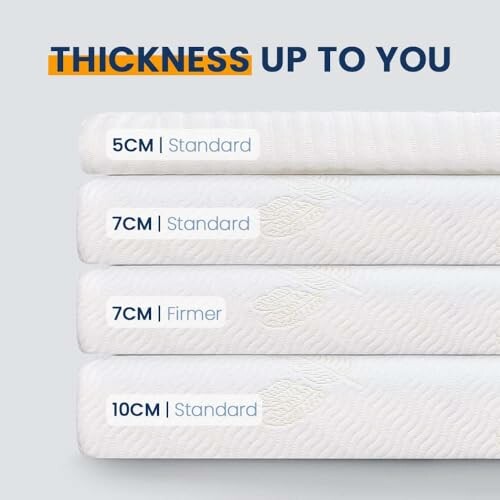 Four mattresses in varying thicknesses: 5cm standard, 7cm standard, 7cm firmer, 10cm standard.