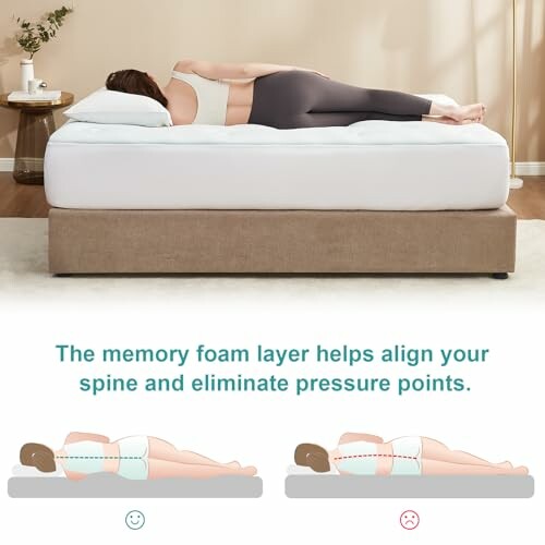 Person sleeping on memory foam mattress illustrating spine alignment and pressure point relief.