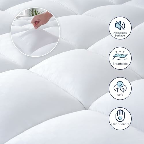 Close-up of a soft, quilted mattress topper with features like noiseless surface, breathable, soft, and skin-friendly.